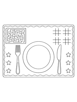 Table setting placemat coloring page with a maze, plate outline, and games.
