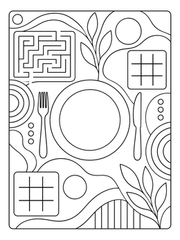 An activity placemat coloring page with a plate outline, maze, and game grids.