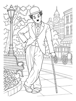 A vintage actor coloring page showing a silent film comedian in a bowler hat leaning on a cane in a city park.