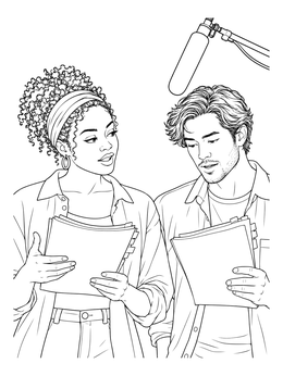 An actor coloring page showing two performers reading their scripts beneath a boom microphone.