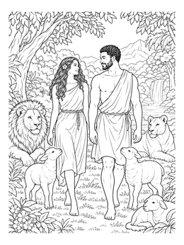 Adam and Eve walk among peaceful animals in this detailed Eden garden coloring page.
