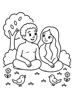 Free printable Adam And Eve With Birds In The Garden coloring page