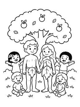 Free printable Adam And Eve With Children Under Tree coloring page