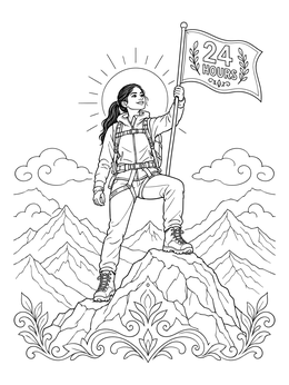 A climber on a peak holding a 24 hours flag in this addiction recovery coloring page.
