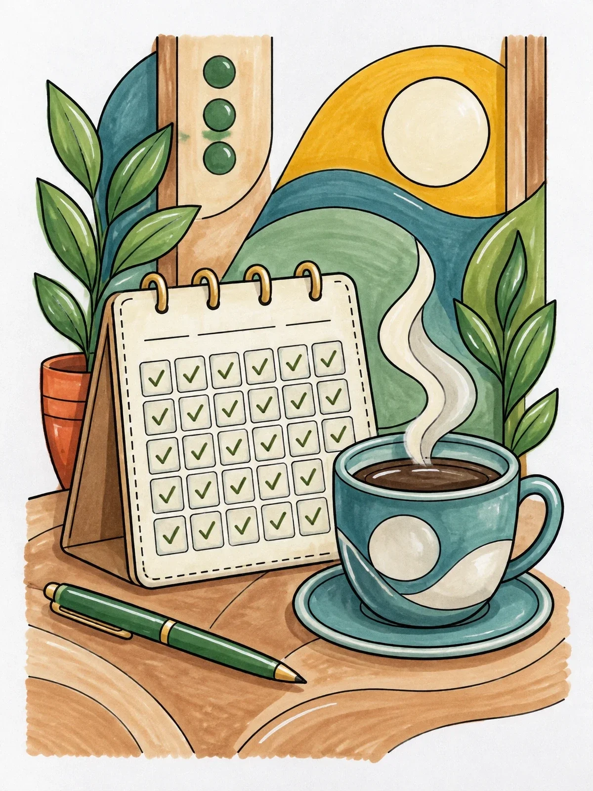 Colored example of the Desk Calendar And Morning Coffee coloring page