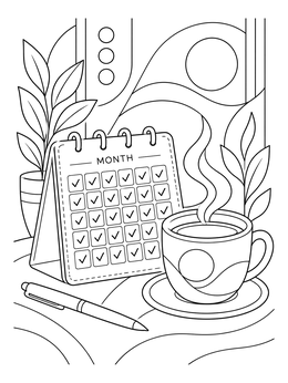 A desk calendar tracking daily progress next to a steaming cup on this addiction recovery coloring page.