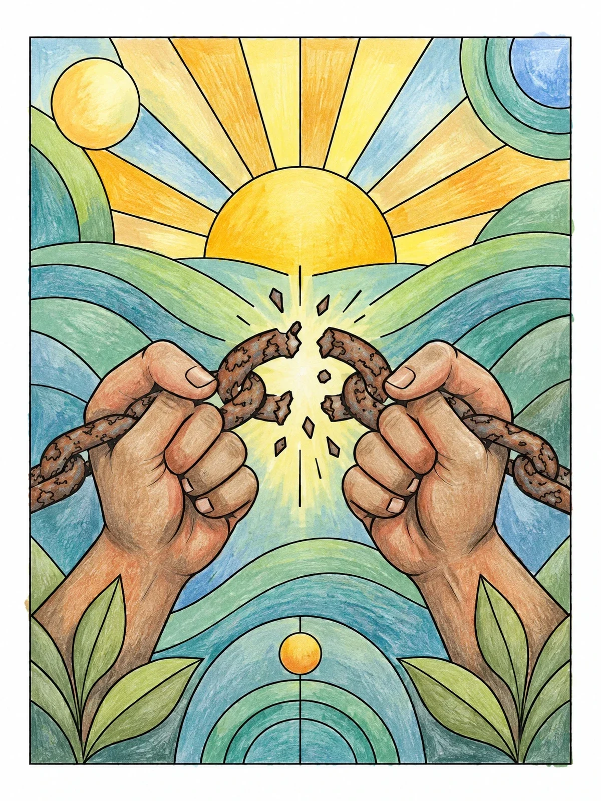 Colored example of the Hands Breaking Chains At Sunrise coloring page