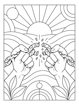 Strong hands snap a heavy chain in this addiction recovery coloring page with a morning sun.