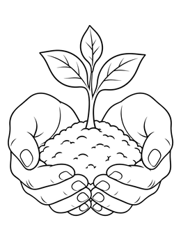 Cupped hands holding soil and a plant sprout in an addiction recovery coloring page.