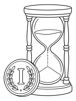 An addiction recovery coloring page with an hourglass beside a milestone coin marked with Roman numeral one.