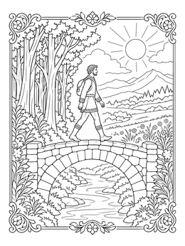 A man crosses a river bridge on an addiction recovery coloring page.
