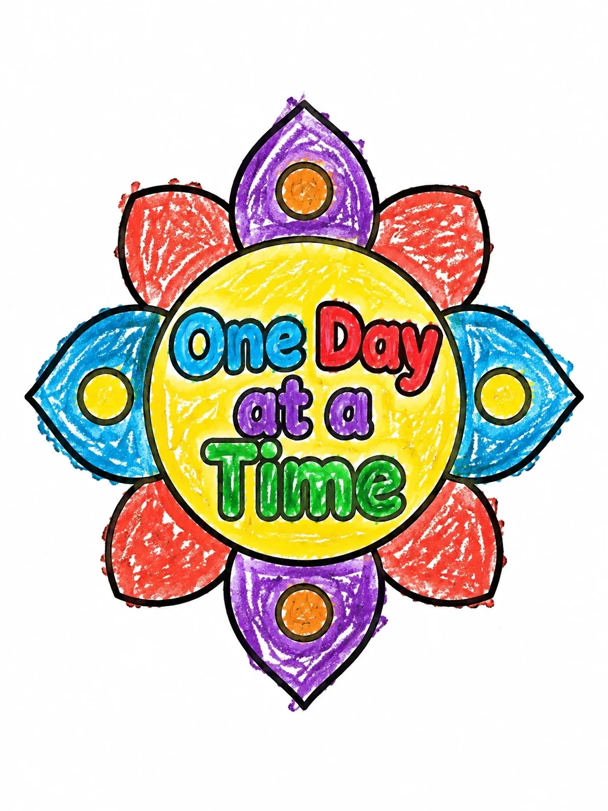 Colored example of the One Day At A Time Floral Emblem coloring page