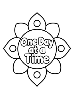 An inspiring addiction recovery coloring page with One Day at a Time inside a flower mandala.