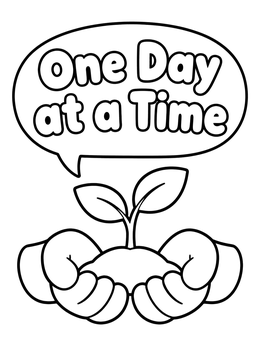 An inspiring addiction recovery coloring page with cartoon hands holding a sprouting seedling and a speech bubble.