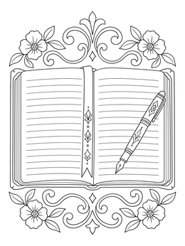 An open diary and fountain pen framed by flowers on this addiction recovery coloring page.