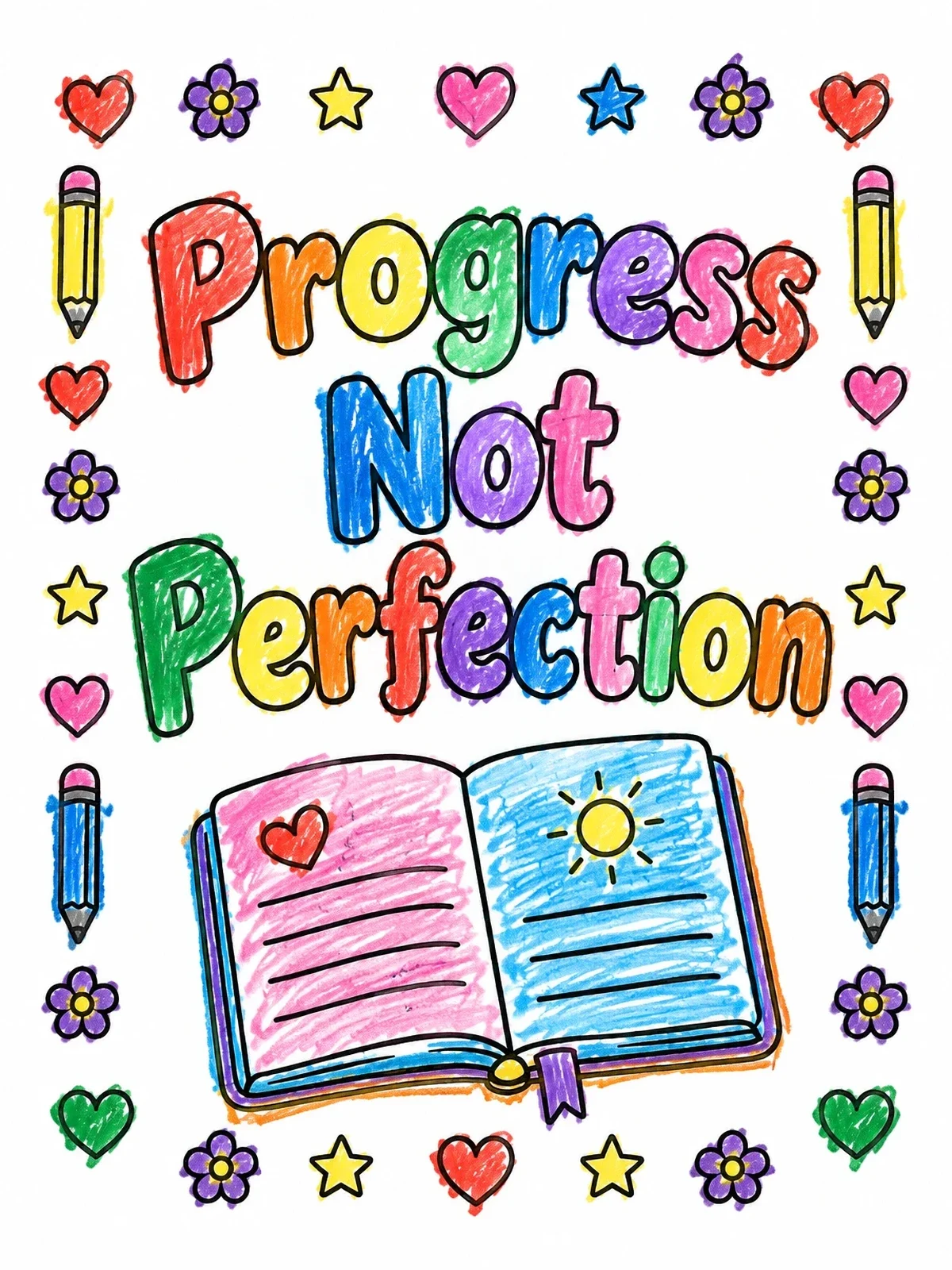 Colored example of the Progress Not Perfection Journal coloring page