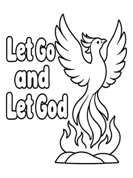 A rising phoenix above flames on this addiction recovery coloring page with inspiring text.