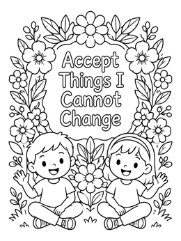 Two cheerful children sit beneath an inspirational quote on this addiction recovery coloring page.