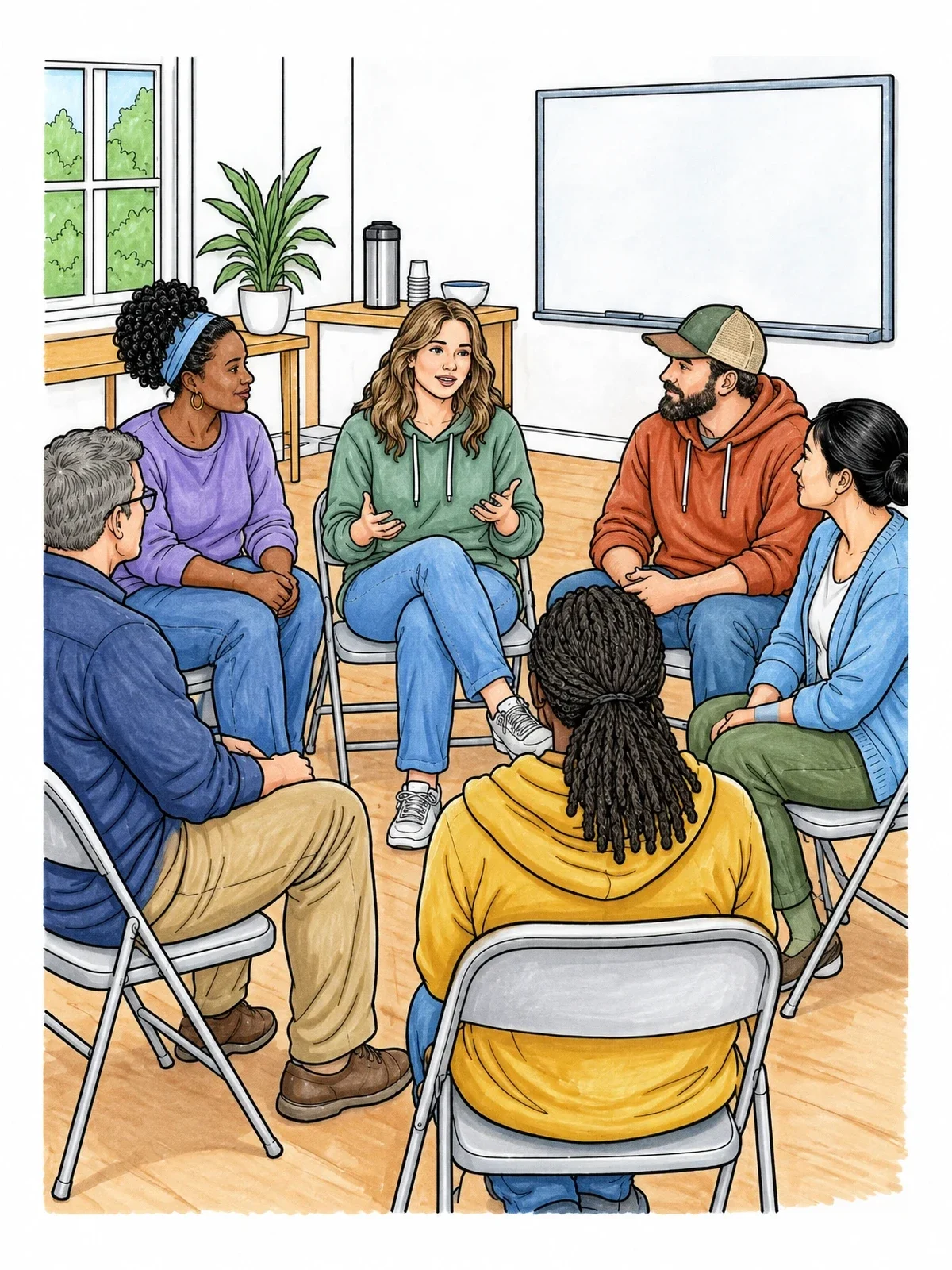Colored example of the Support Group Circle Meeting coloring page