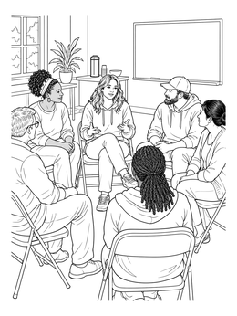 Diverse group in a circle featured in this addiction recovery coloring page.