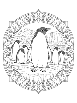 A detailed penguin coloring page featuring Adélie penguins on an ice floe within an ornate mandala frame.