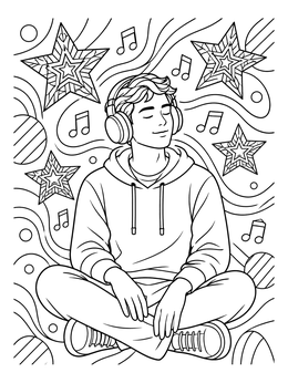A peaceful boy with headphones rests in this adhd coloring page surrounded by stars and notes.