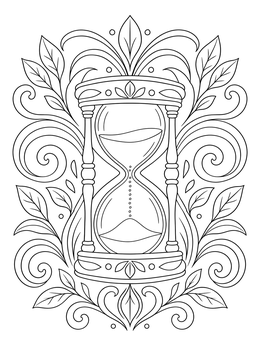 An ornate hourglass surrounded by swirling botanical leaves in this adhd coloring page.