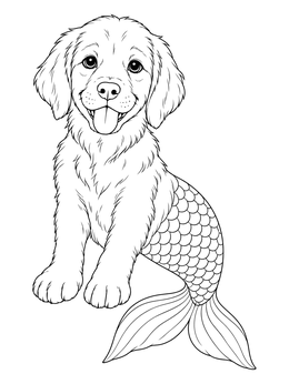A cute mer-puppy sitting upright on this mermaid coloring page.