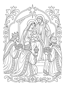 The three wise men present gifts to baby Jesus in this nativity coloring page.