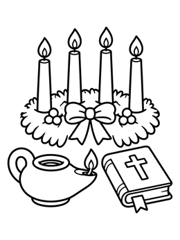An advent wreath, oil lamp, and holy book on this bible coloring page.