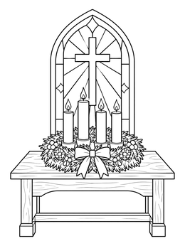 An advent wreath coloring page showing four lit candles on a wooden table before a stained-glass window.