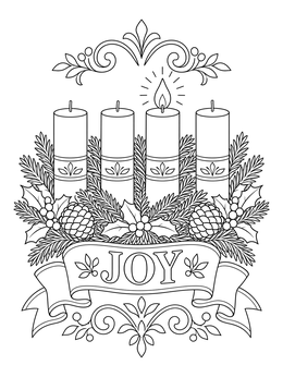 An Advent wreath with one lit candle on this joy coloring page.