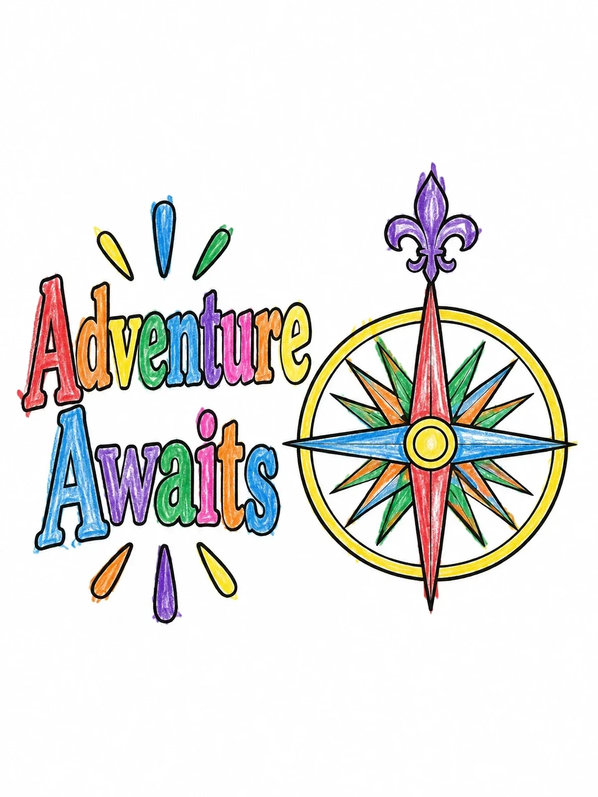 Colored example of the Adventure Awaits Compass Rose coloring page