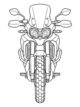 A front view of a dual-sport bike on this adventure motorcycle coloring page.