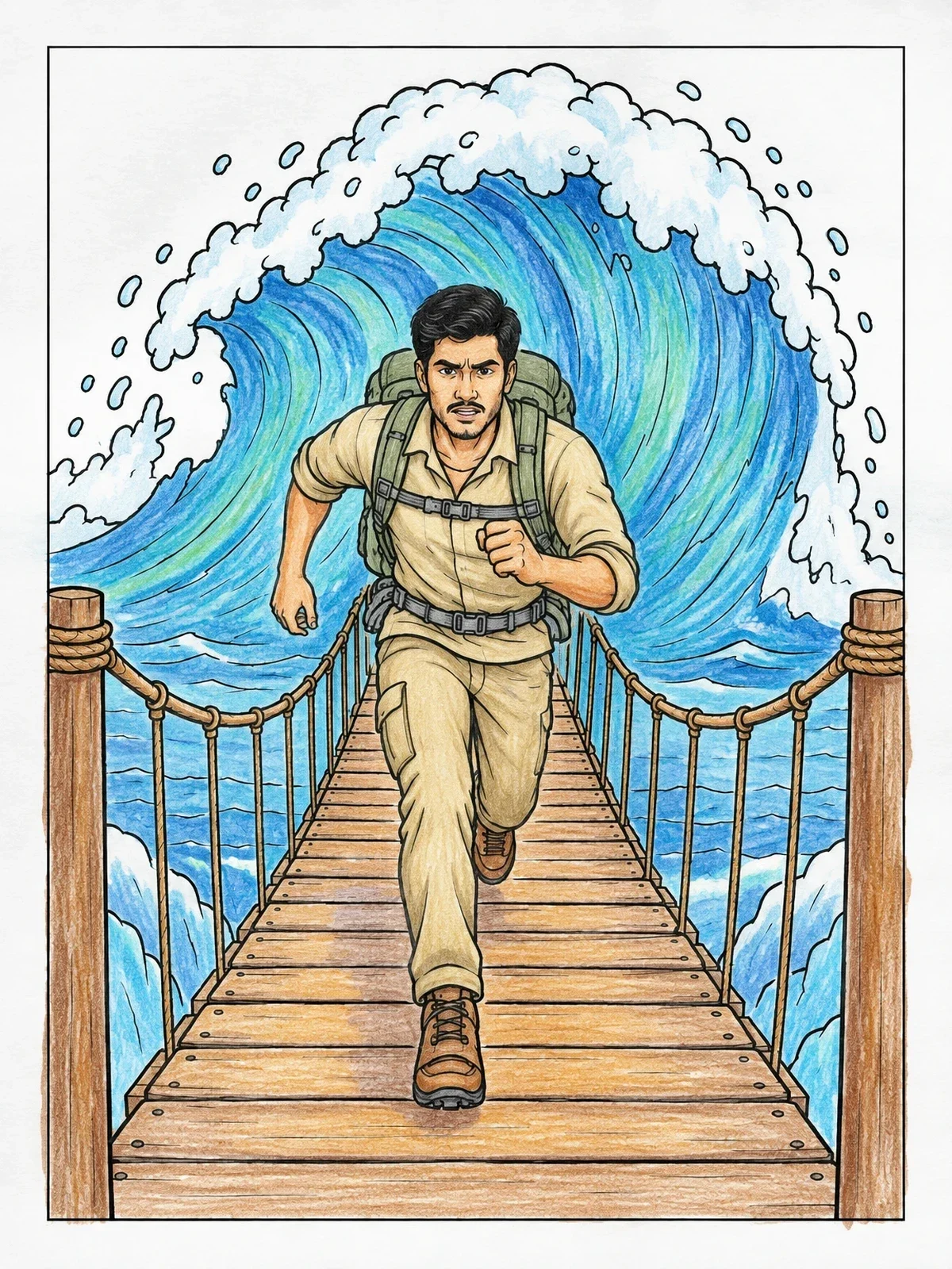 Colored example of the Adventurer Escaping Giant Tsunami Wave coloring page