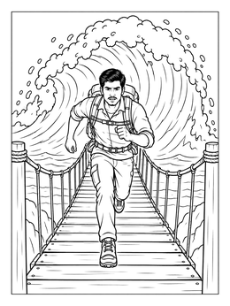 Free printable Adventurer Escaping Giant Tsunami Wave coloring page