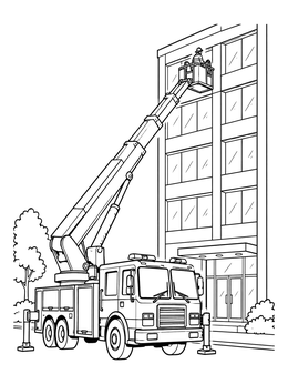 An aerial platform fire truck coloring page showing a crane reaching up to a tall building.