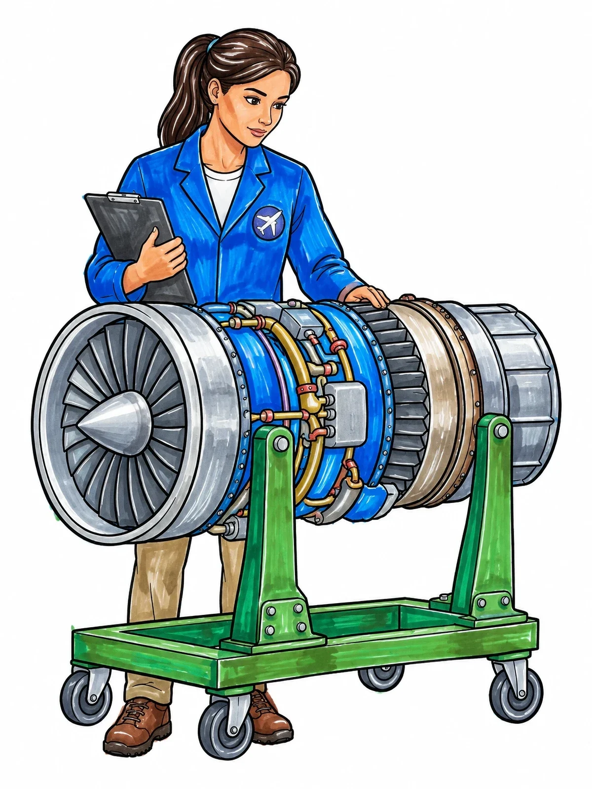 Colored example of the Aerospace Engineer Inspecting Jet Engine coloring page