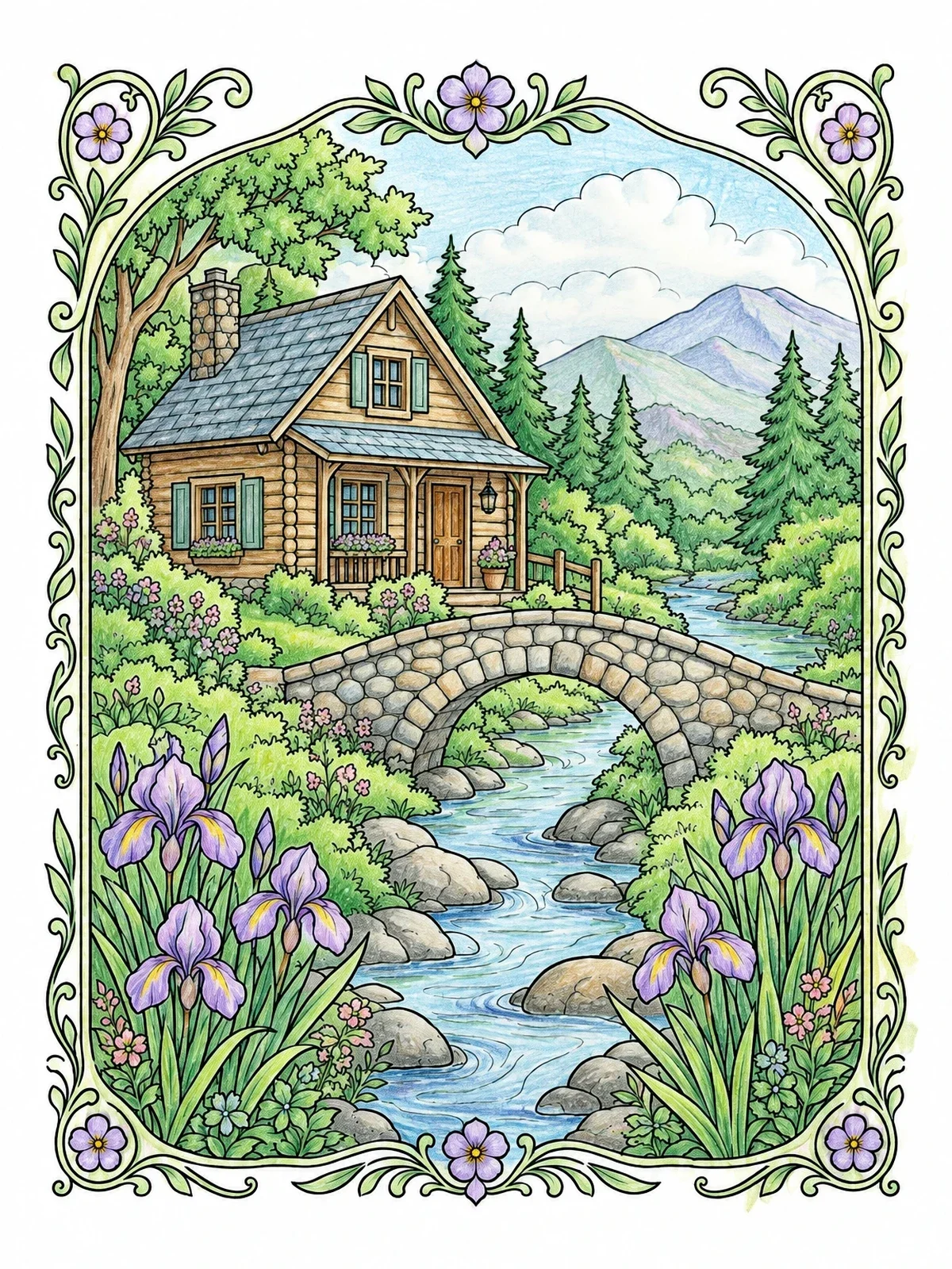 Colored example of the Cozy Cabin And Stone Footbridge coloring page