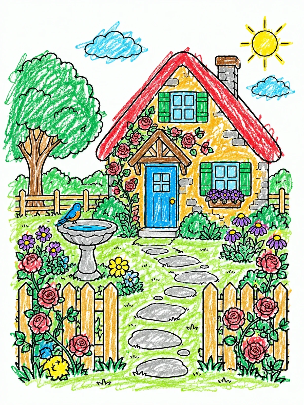 Colored example of the Cozy Country Cottage Garden coloring page