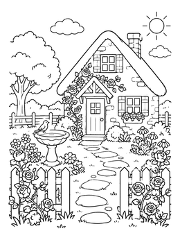 Free printable Cozy Country Cottage Garden coloring page