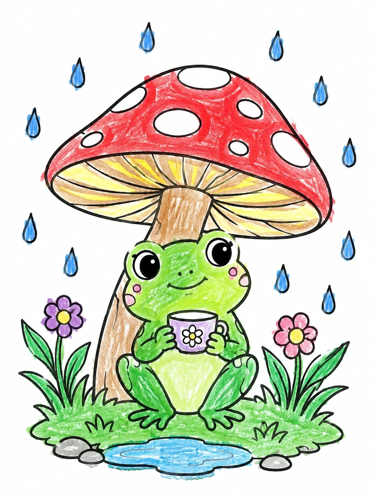 Colored example of the Cozy Frog Under Mushroom Umbrella coloring page