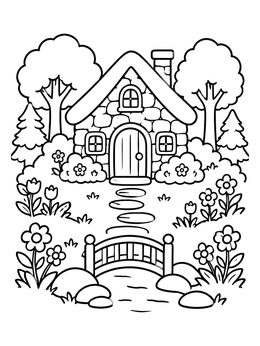 Free printable Cozy Stone Cottage In The Woods coloring page