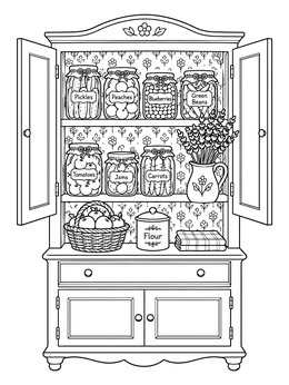 Free printable Cozy Vintage Pantry Cupboard coloring page