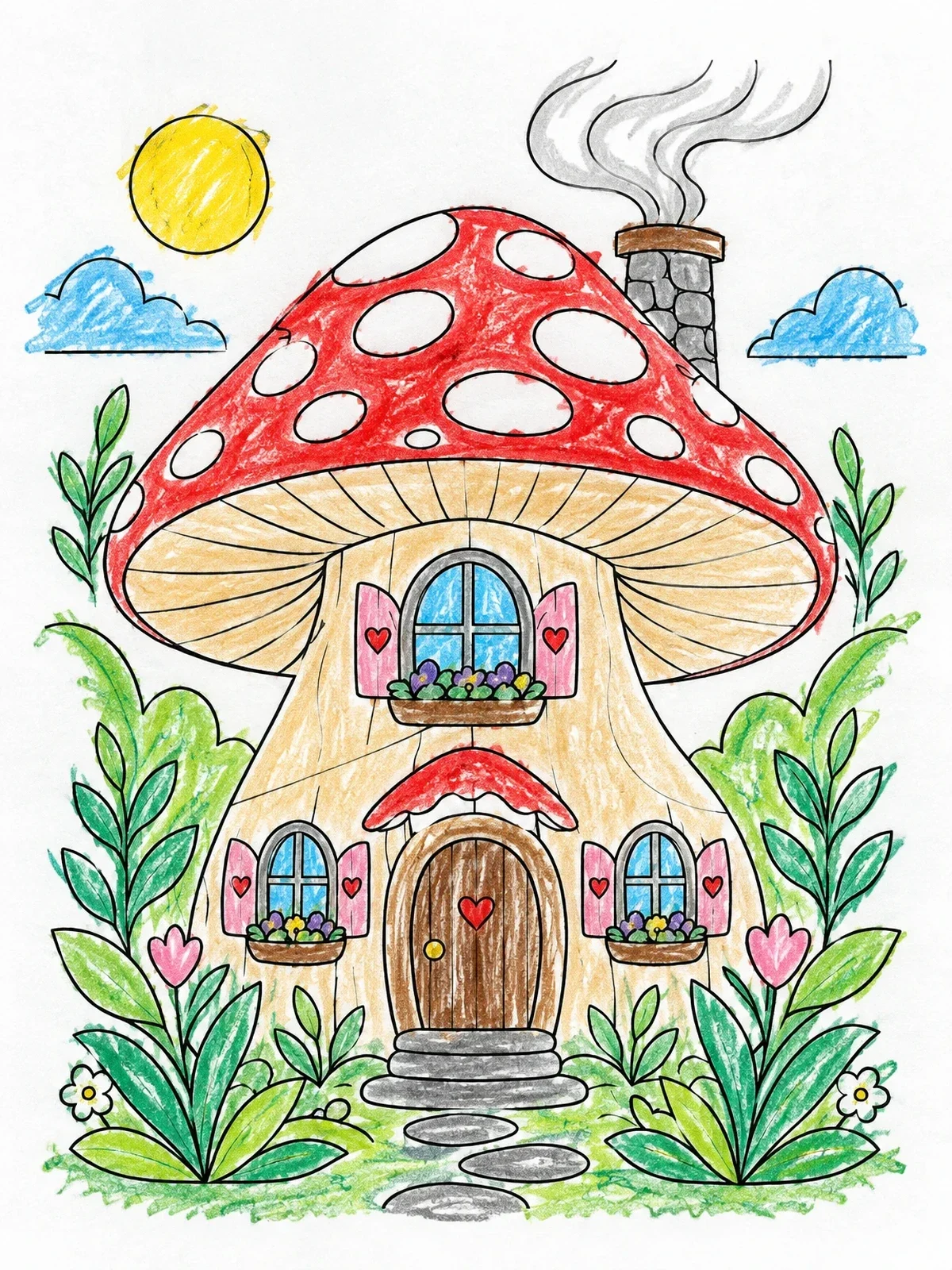 Colored example of the Cozy Whimsical Mushroom Cottage coloring page