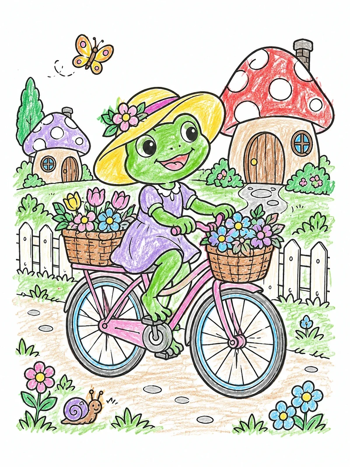 Colored example of the Cute Frog Riding A Flower Bicycle coloring page