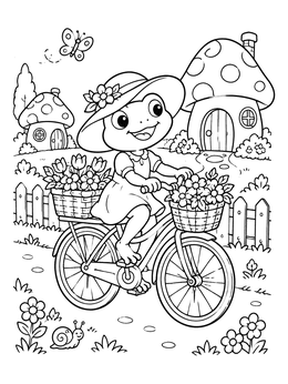 Free printable Cute Frog Riding A Flower Bicycle coloring page