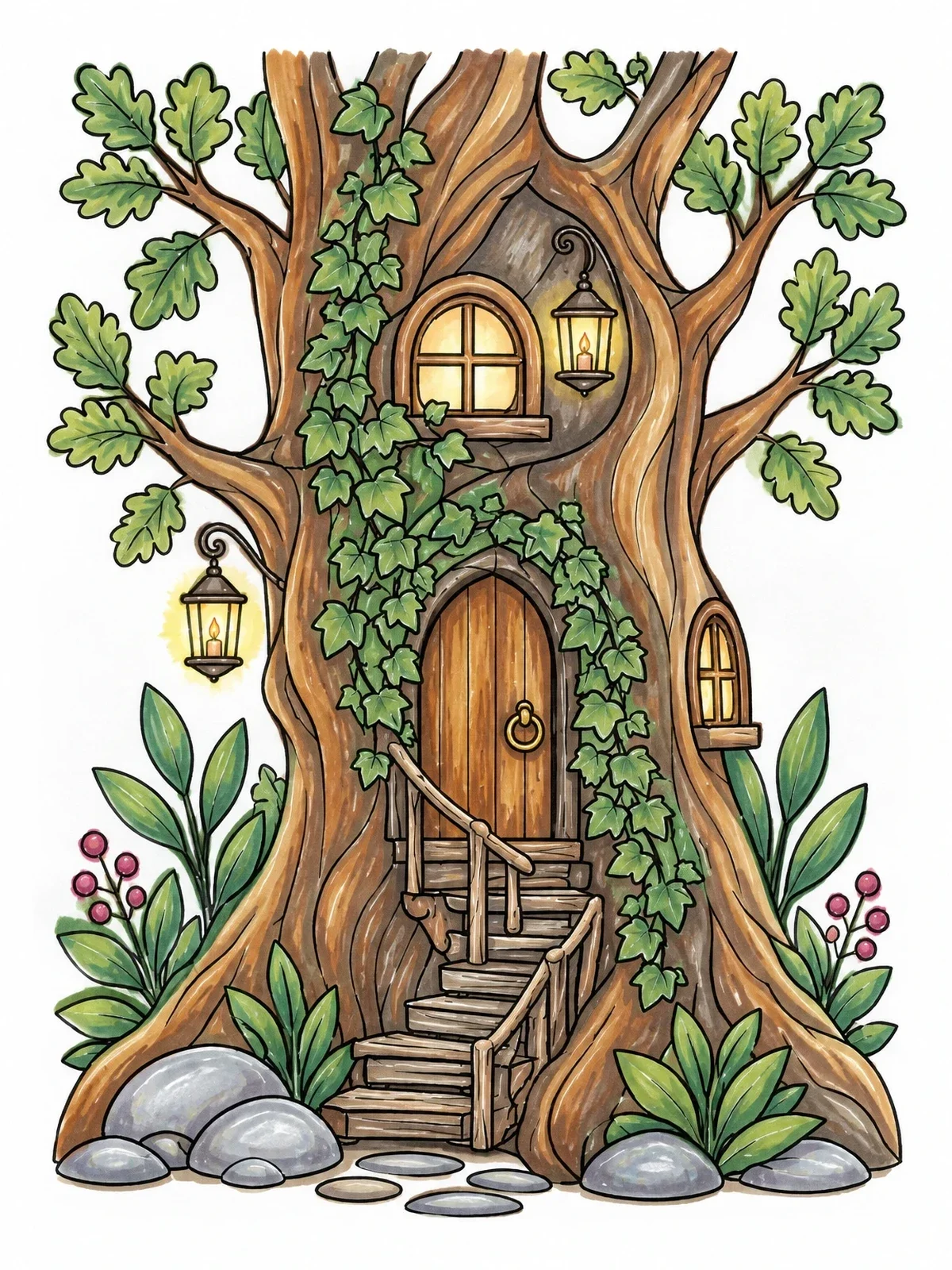 Colored example of the Cozy Treehouse Dwelling In Hollow Oak coloring page