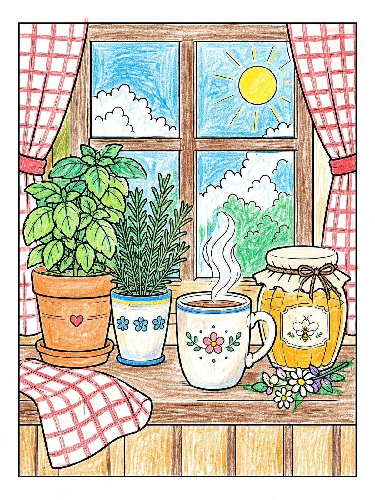 Colored example of the Cozy Kitchen Windowsill With Herbs And Tea coloring page