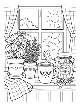 Free printable Cozy Kitchen Windowsill With Herbs And Tea coloring page
